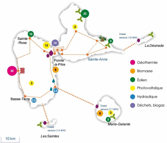 Localisation des nouvelles nergies renouvelables qui pourraient tre retenues au titre du schma rgional de raccordement en Guadeloupe (Source : EDF)